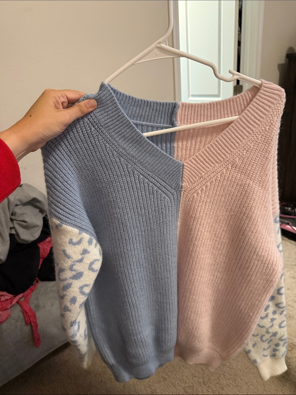 Colorblock V-Neck Sweater in Dusty Blue and Blush Pink